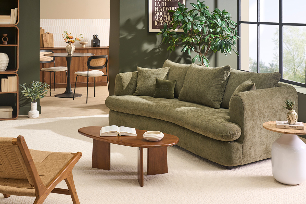 Canap� convertible d�houssable 3-4 places design haricot en tissu effet velours textur� vert kaki SACHA