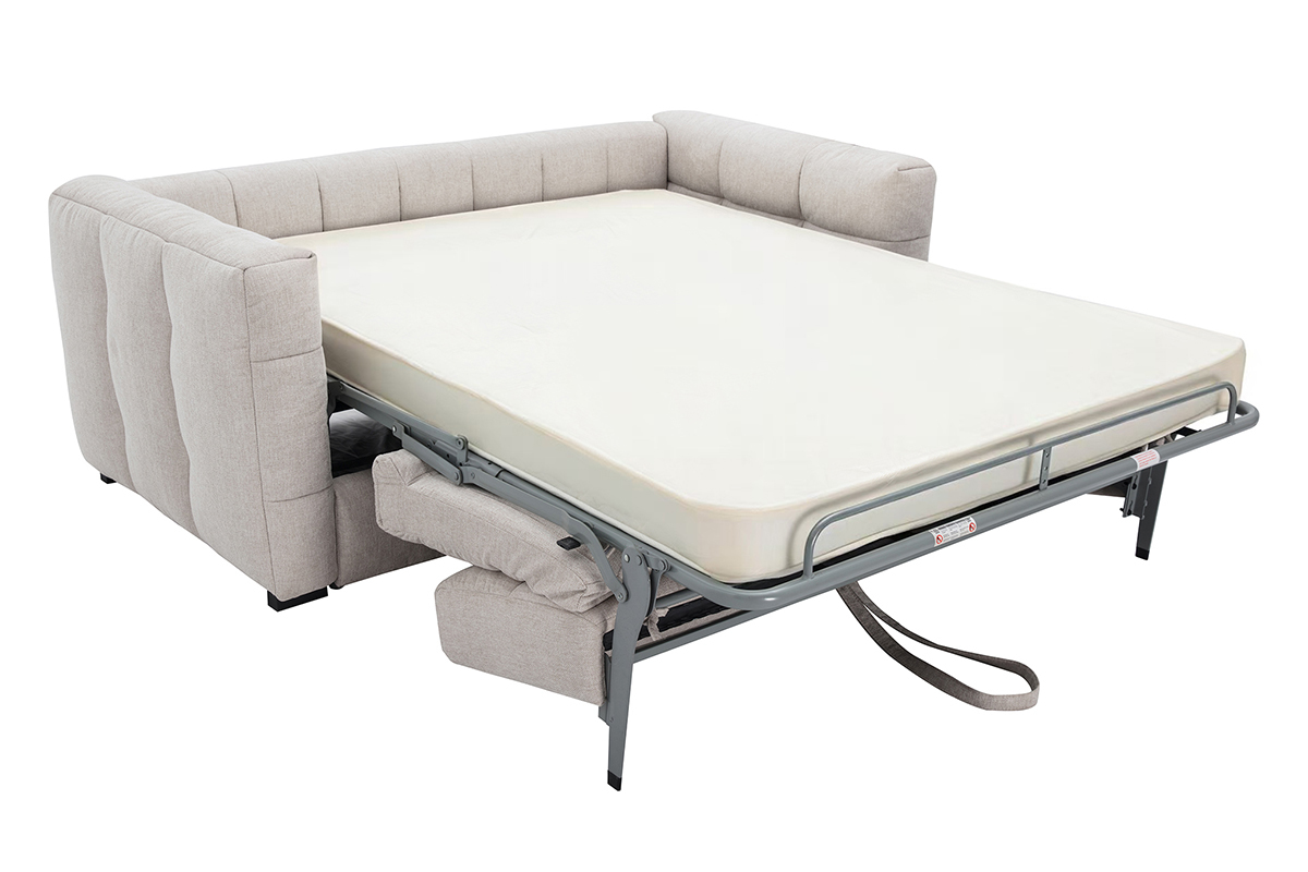 Canap� convertible 3 places CORTO ouvert en tissu velours beige, vue de 3/4.