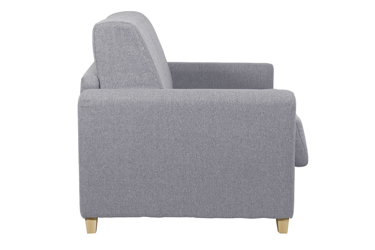 Canap� convertible GRAHAM en tissu gris clair, vue de profil, avec pi�tement en bois clair.