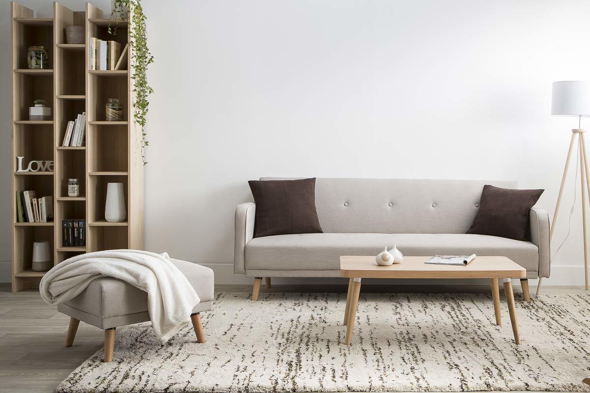 Canap� convertible scandinave 3 places avec repose-pieds en tissu beige et bois clair ULLA