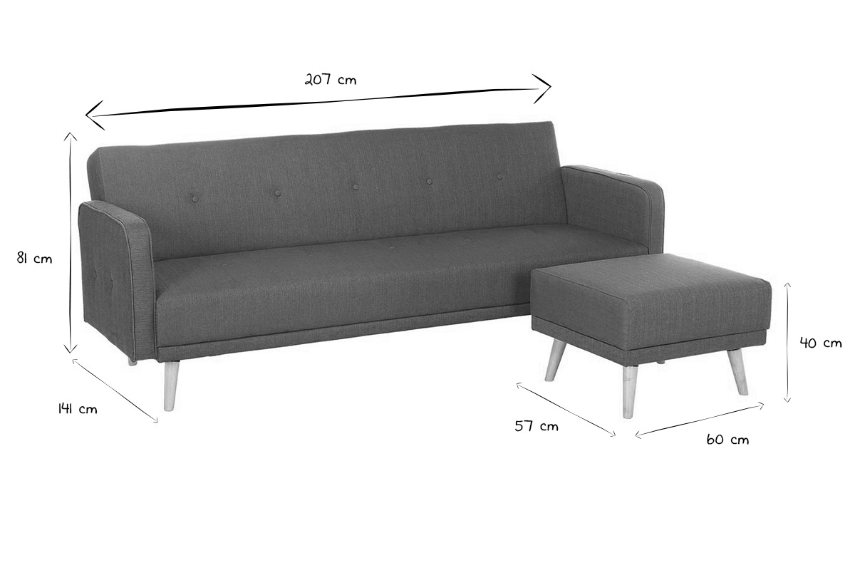 Canap� convertible scandinave 3 places avec repose-pieds en tissu beige et bois clair ULLA
