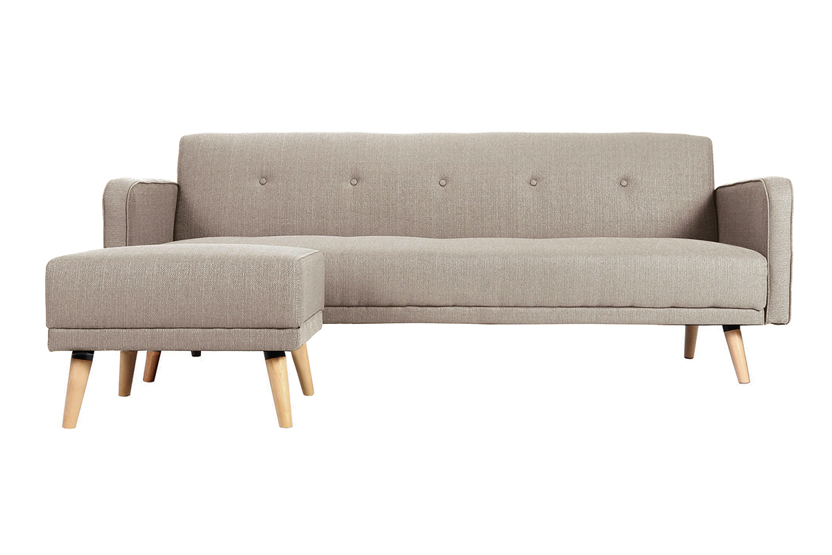 Canap� convertible scandinave 3 places avec repose-pieds en tissu beige et bois clair ULLA