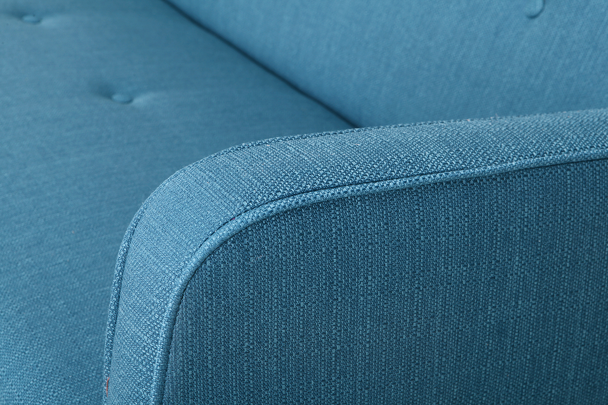 Canap� convertible scandinave 3 places avec repose-pieds en tissu bleu canard et bois clair ULLA