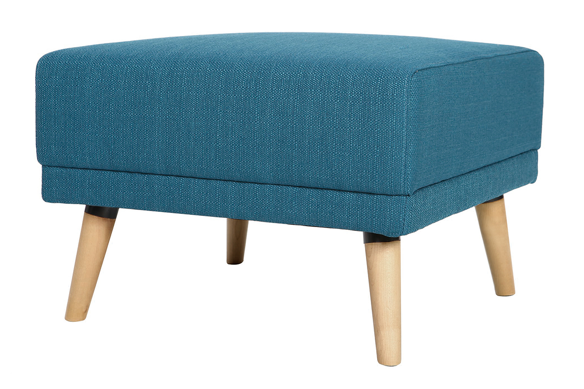 Canap� convertible scandinave 3 places avec repose-pieds en tissu bleu canard et bois clair ULLA