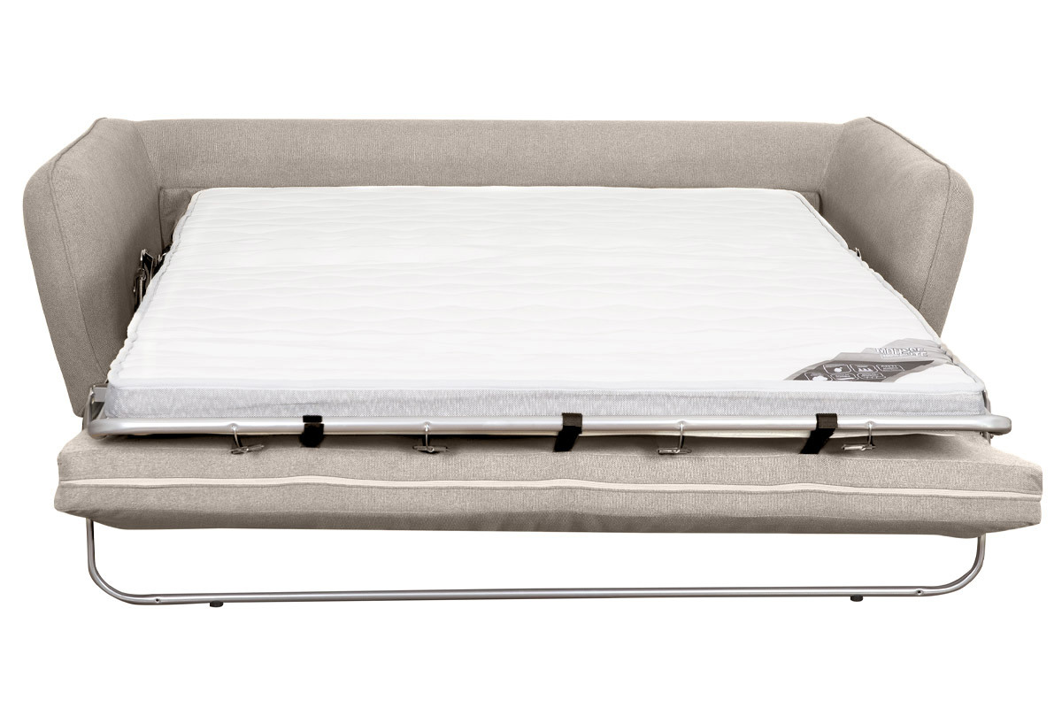 Canap� convertible beige d�pli� en lit, vue de face, avec matelas visible.
