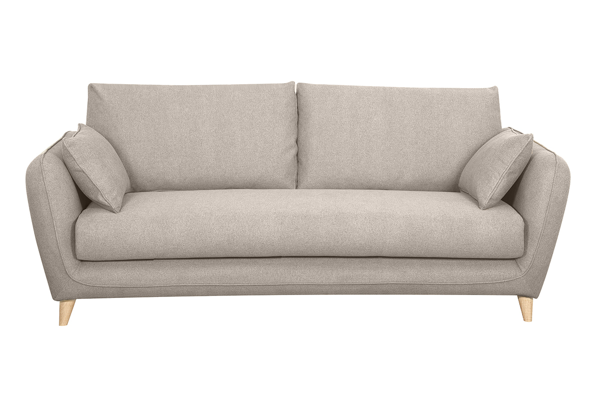 Canap� convertible beige 3 places en vue de face avec accoudoirs et pieds en bois.