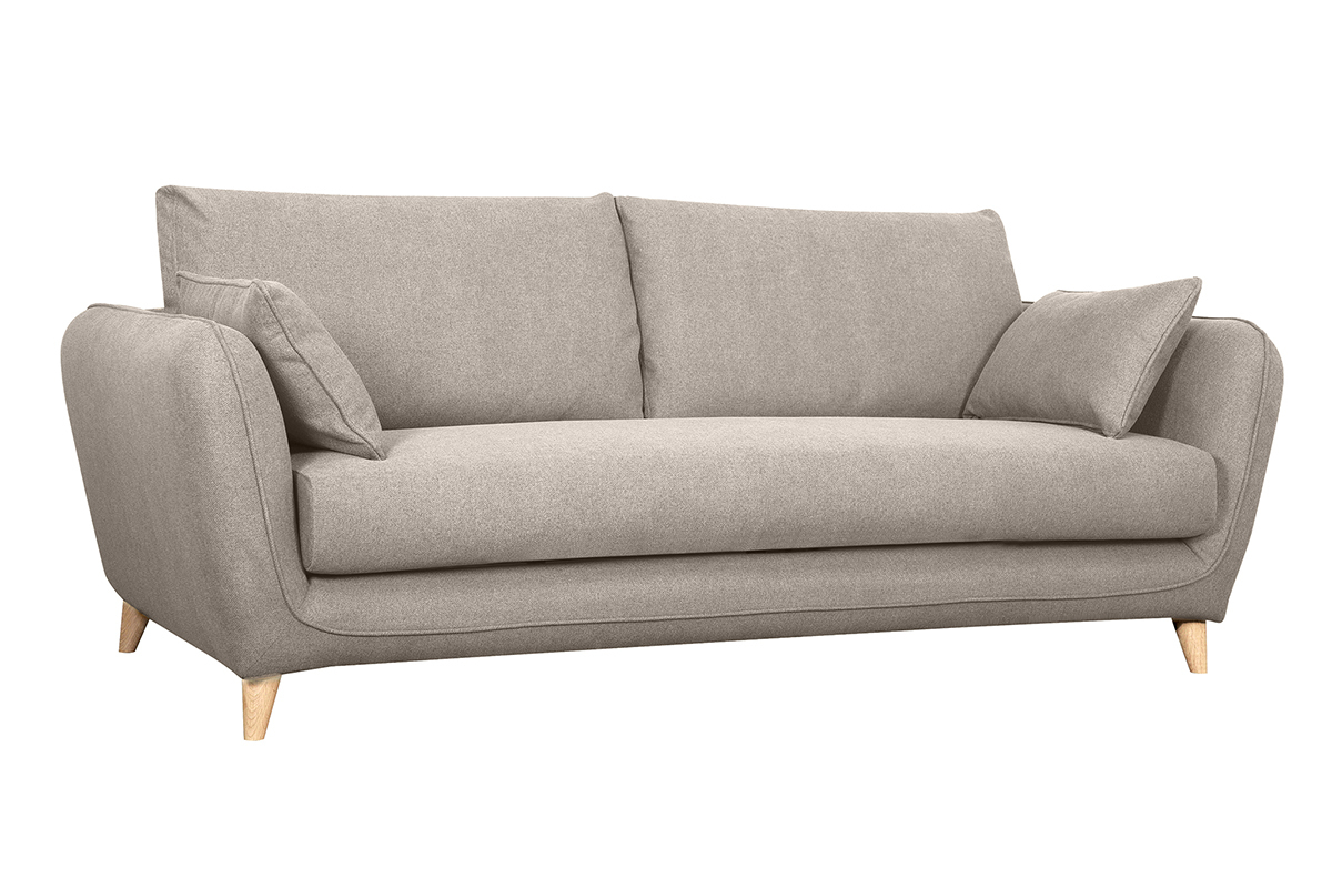 Canap� convertible scandinave 3 places en tissu beige vue de 3/4.