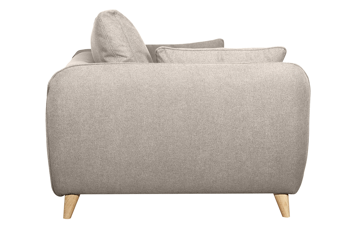 Canap� convertible beige 3 places, vue de c�t� avec pi�tement en h�tre massif.