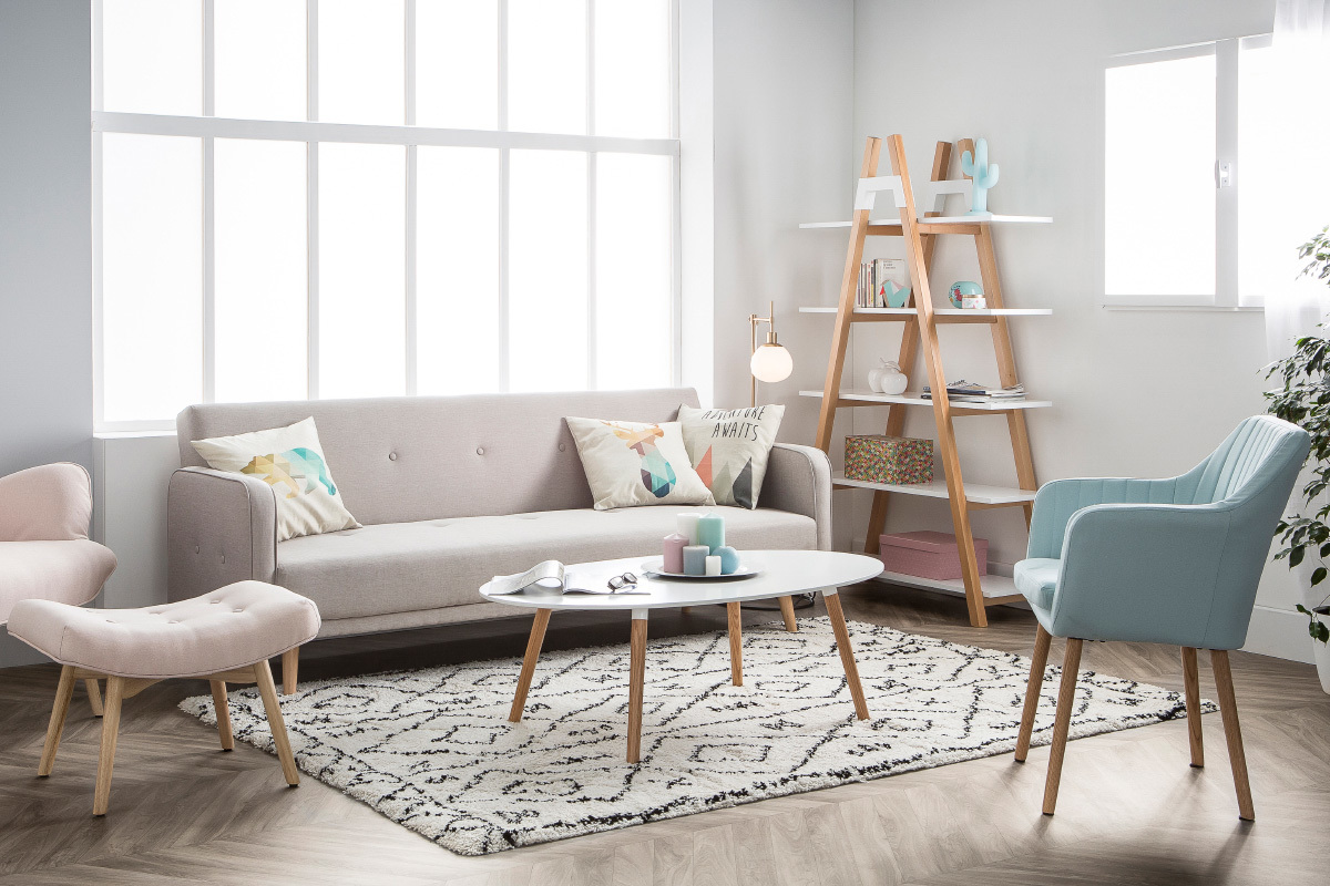 Canap� convertible scandinave 3 places en tissu beige et bois clair ULLA