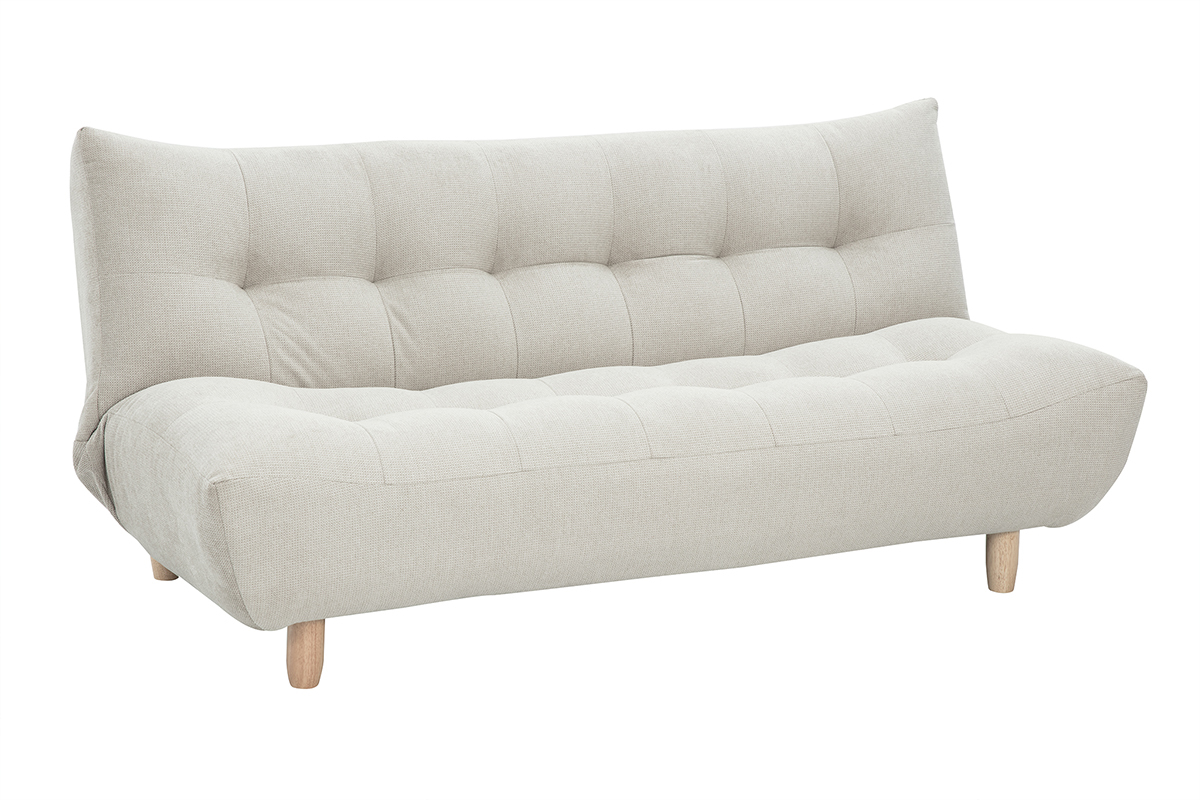 Canap� convertible scandinave 3 places beige avec bois clair, vue de 3/4