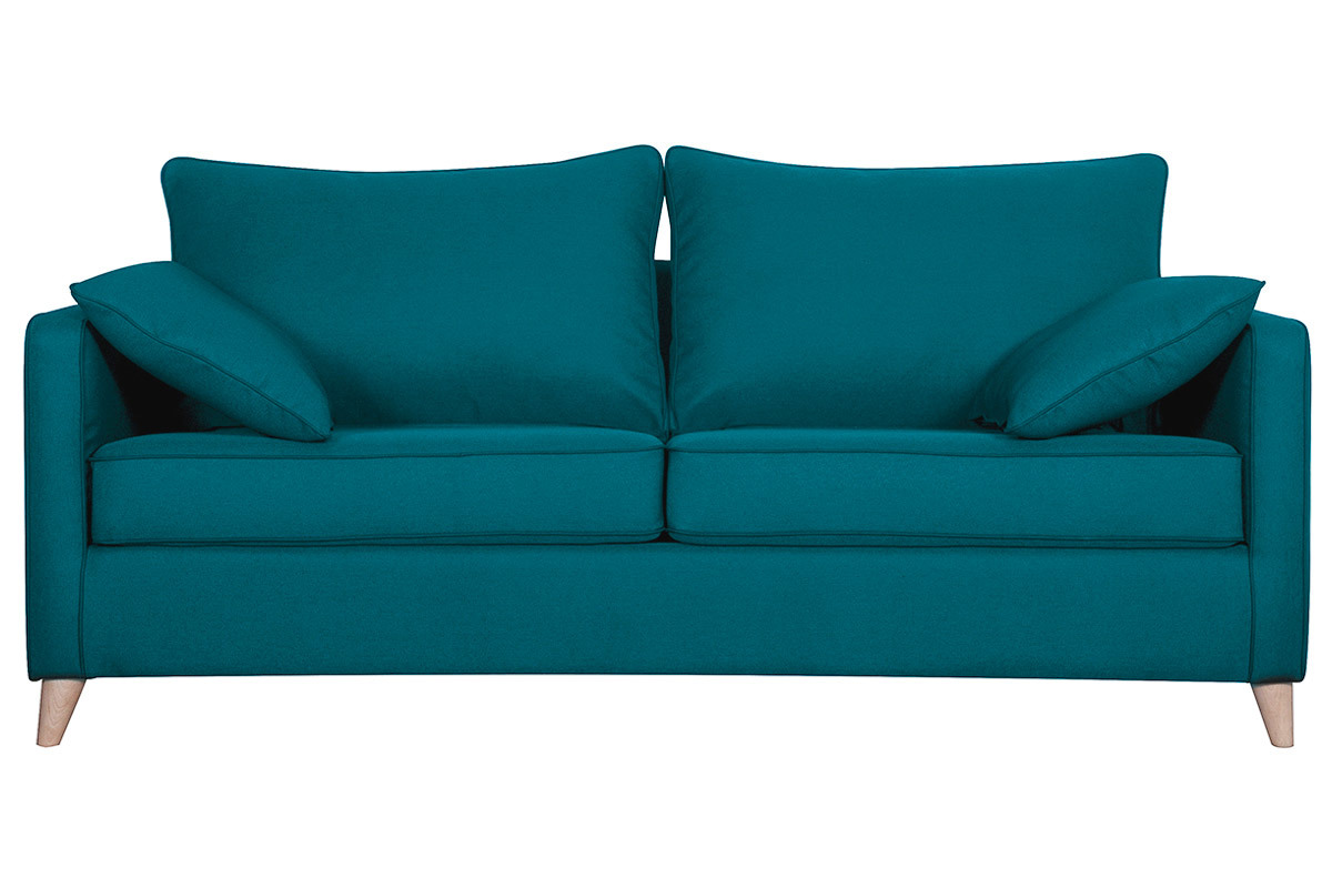 Canap� scandinave 3 places en tissu bleu canard avec pieds en bois, vue de face.