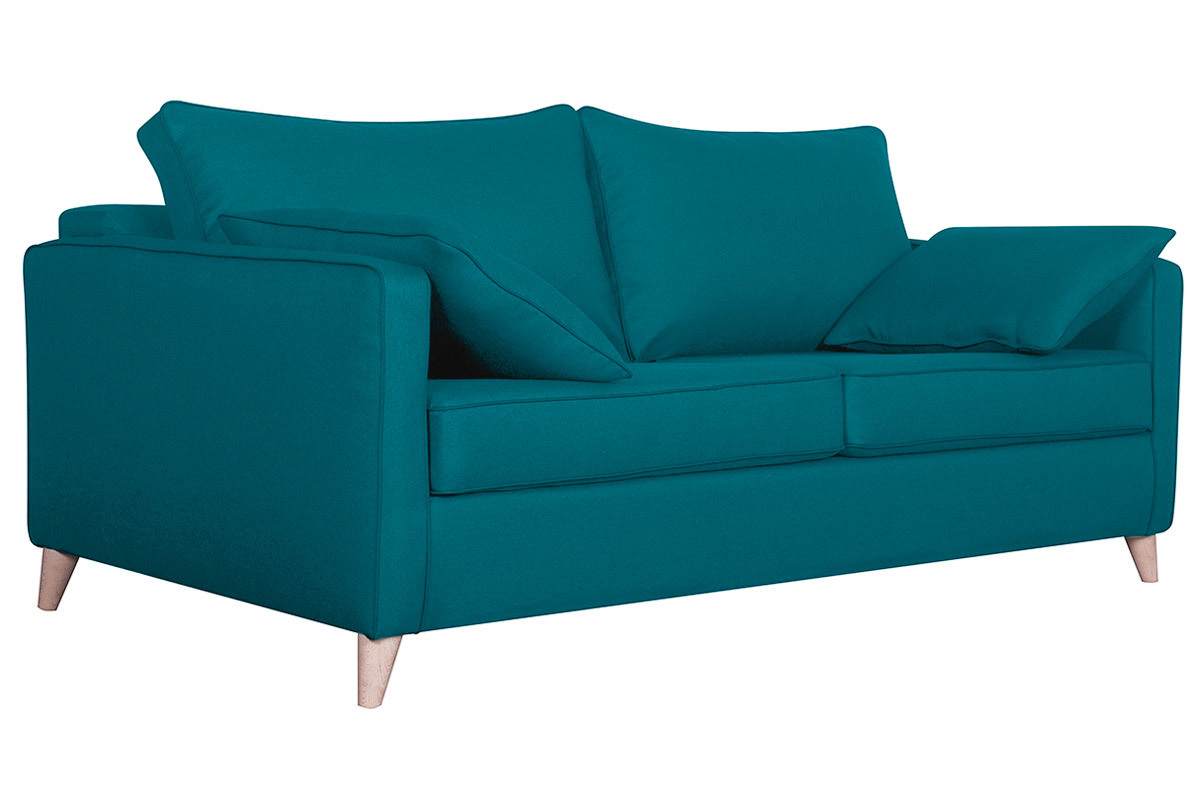 Canap� convertible scandinave 3 places en tissu bleu canard avec pieds en bois clair, vue de 3/4.