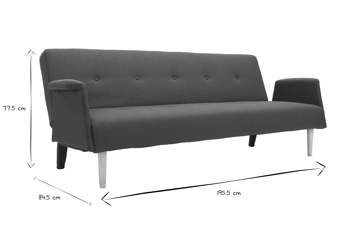 Dimensions du canap� convertible OSCAR en noir et blanc : 77,5 cm de haut, 84,5 cm de large, 195,5 cm de long.