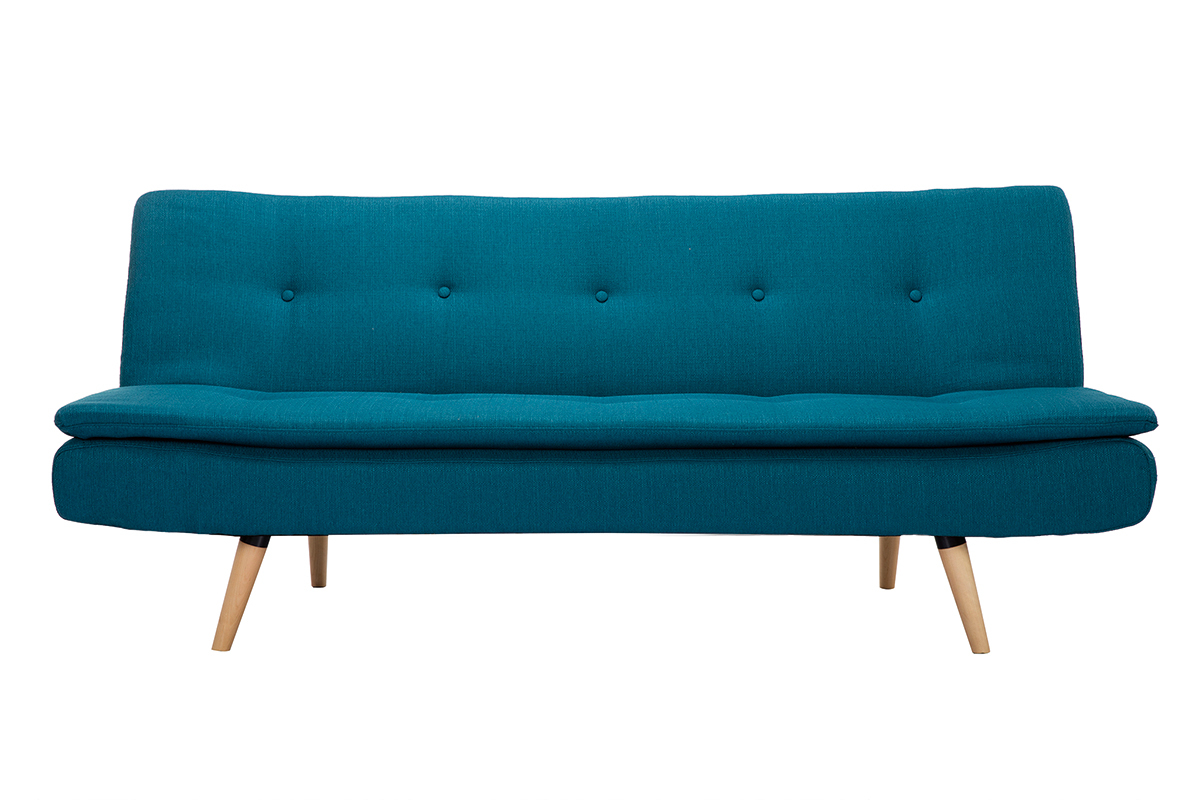 Canap� convertible scandinave 3 places en tissu bleu canard et bois clair SENSO