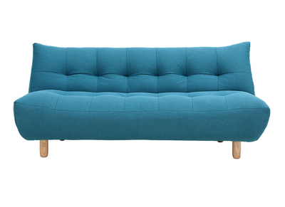 Canap&eacute; convertible scandinave 3 places en tissu bleu canard et bois clair YUMI