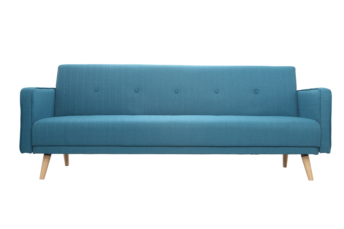 Canap� convertible 3 places bleu, pieds bois clair, vue de face.