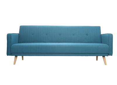 Canap&eacute; convertible scandinave 3 places en tissu bleu et bois clair ULLA
