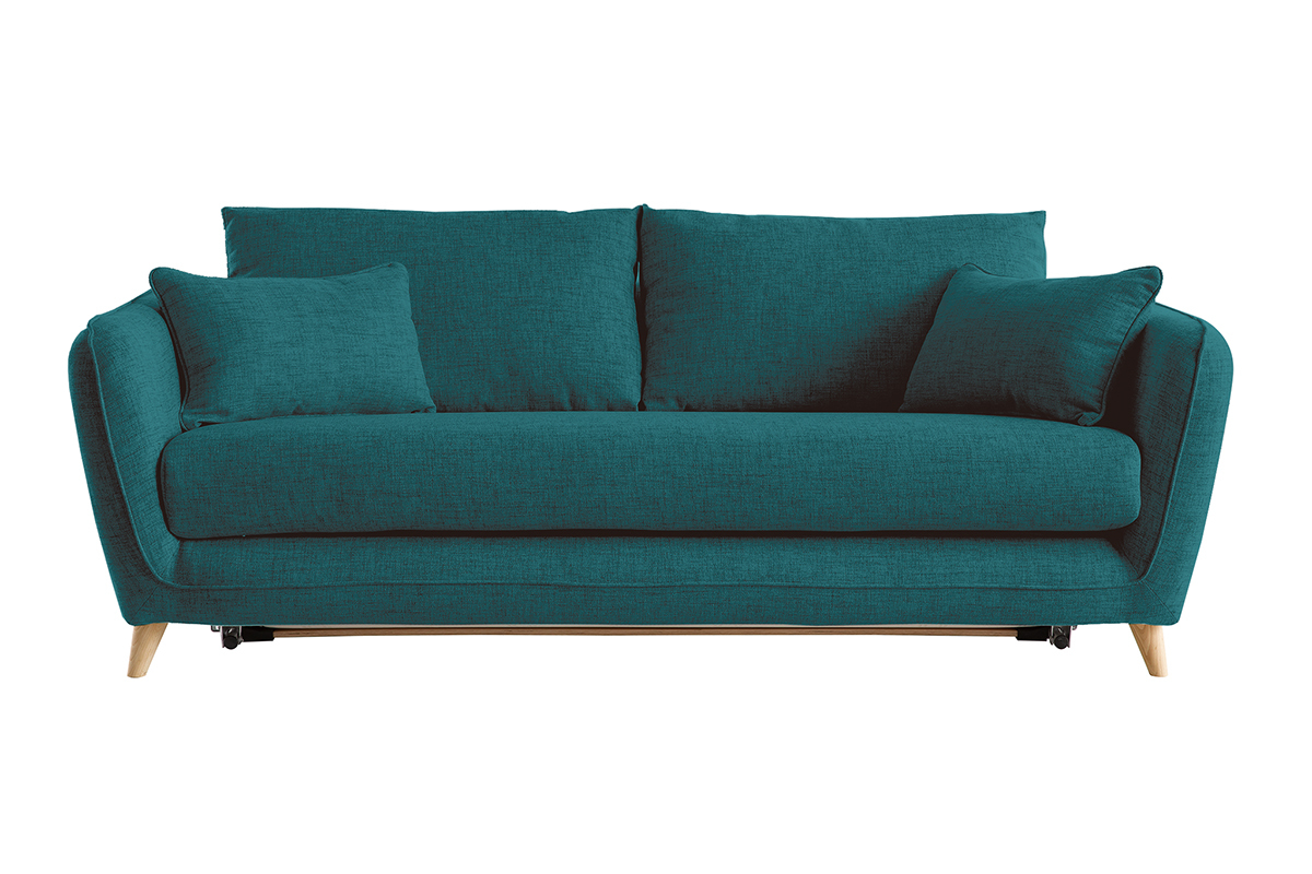 Canap� convertible scandinave 3 places en tissu bleu paon et bois clair avec matelas 10 cm CREEP