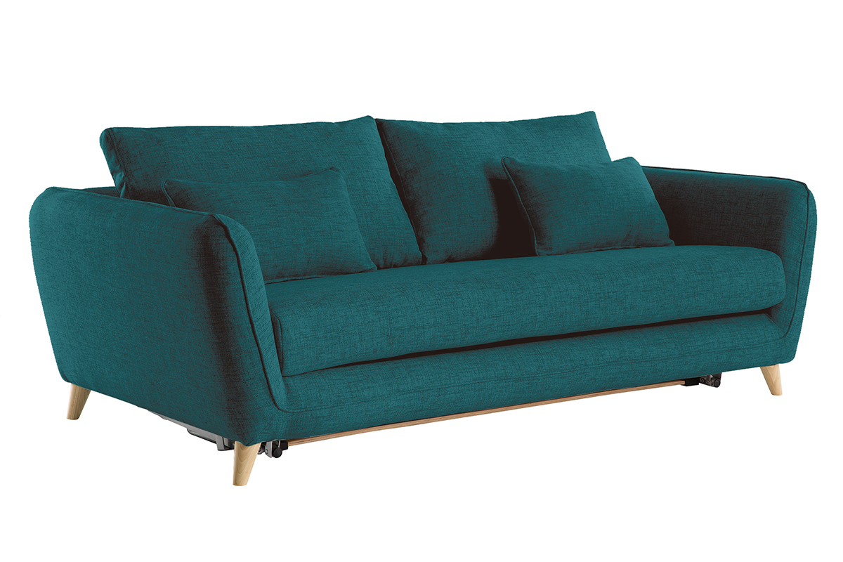 Canap� convertible scandinave 3 places en tissu bleu paon et bois clair avec matelas 10 cm CREEP
