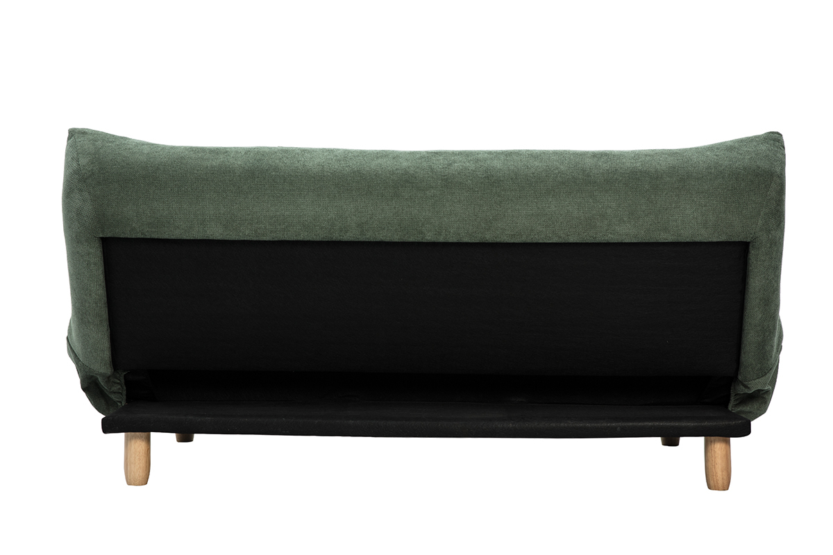 Dos du canap� convertible YUMI en tissu vert kaki et pieds en bois clair.