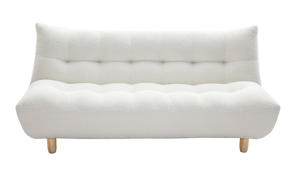 Canap� convertible scandinave 3 places en tissu effet laine boucl�e blanc et bois clair YUMI