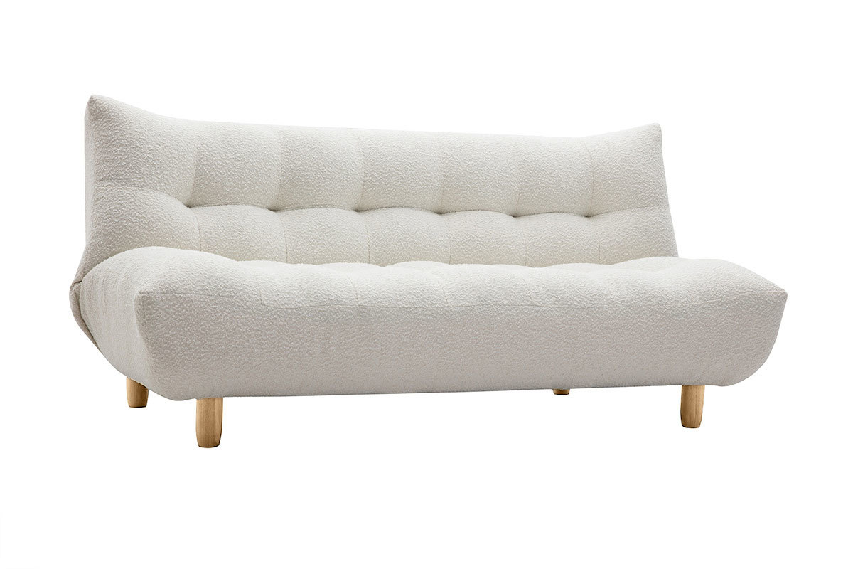 Canap� convertible scandinave 3 places en tissu effet laine boucl�e blanc et bois clair YUMI