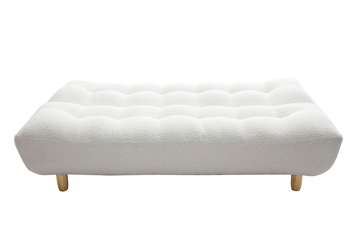 Canap� convertible scandinave 3 places en tissu effet laine boucl�e blanc et bois clair YUMI