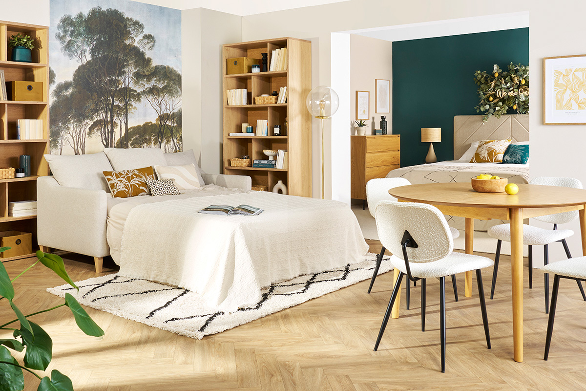 Canap� convertible scandinave 3 places en tissu effet velours beige et bois clair LOUISE