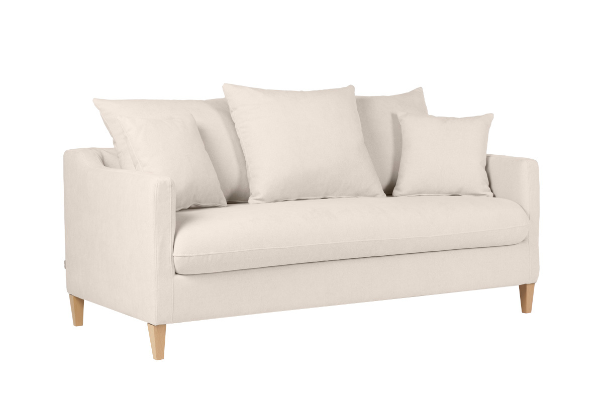 Canap� convertible scandinave 3 places en tissu effet velours beige et bois clair LOUISE