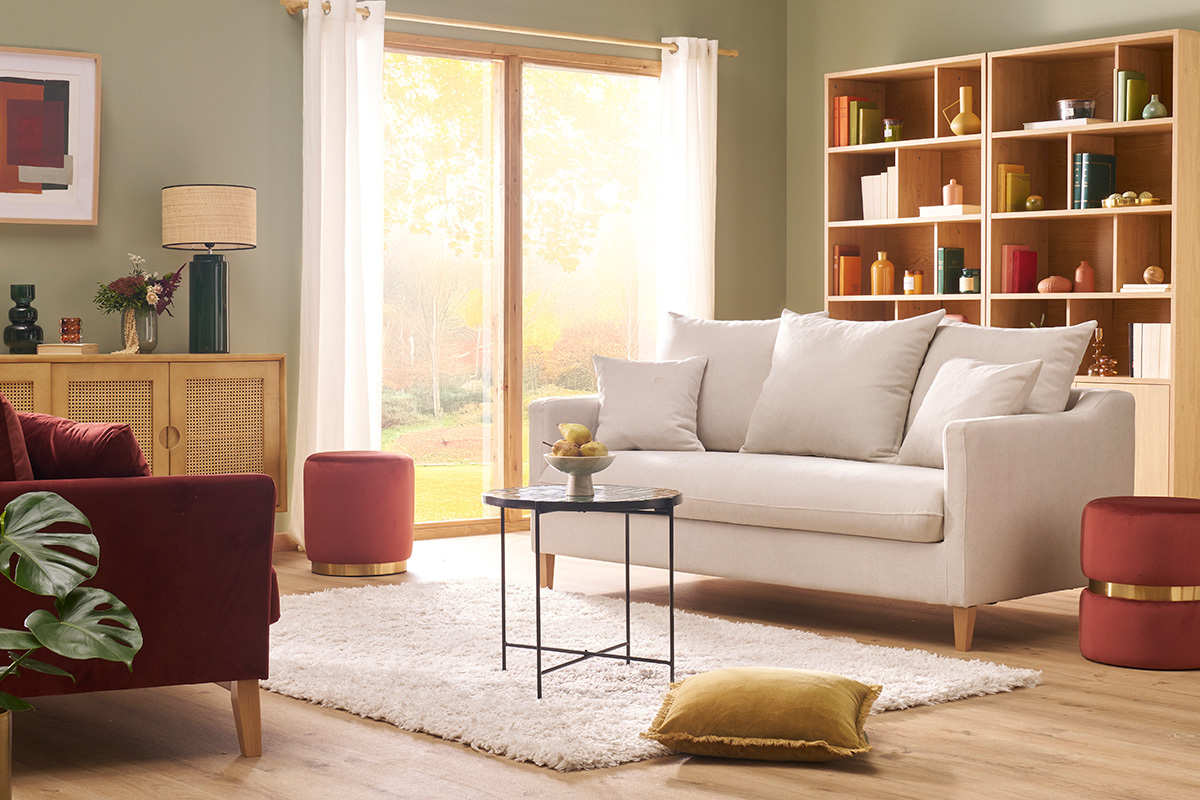 Canap� convertible scandinave 3 places en tissu effet velours beige et bois clair LOUISE