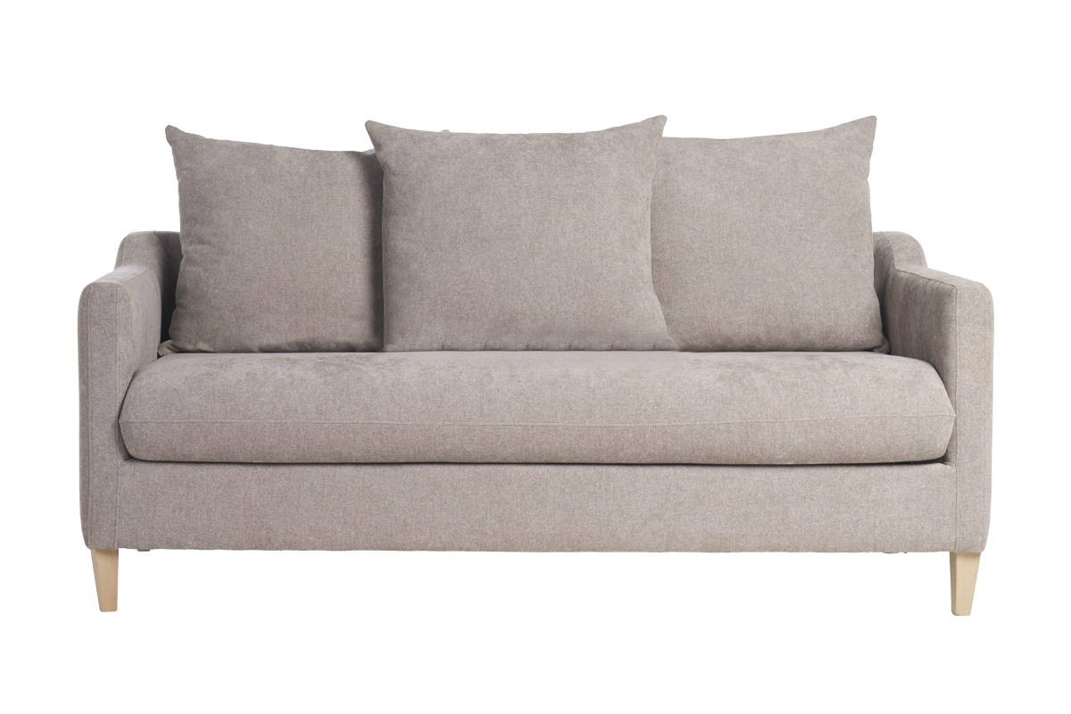 Canap� convertible scandinave 3 places en tissu effet velours taupe et bois clair LOUISE
