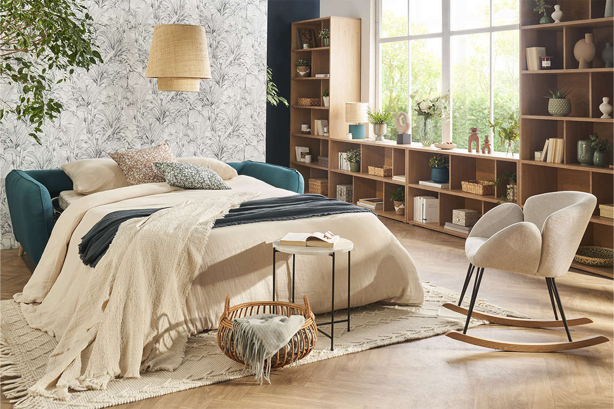 Canap� convertible scandinave 3 places en tissu gris anthracite et bois clair avec matelas 10 cm CREEP
