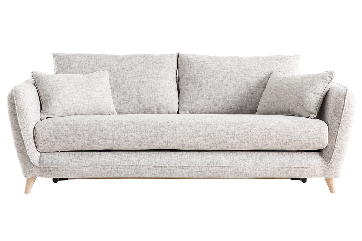 Canap� convertible scandinave 3 places en tissu gris clair chin� et bois clair avec matelas 10 cm CREEP