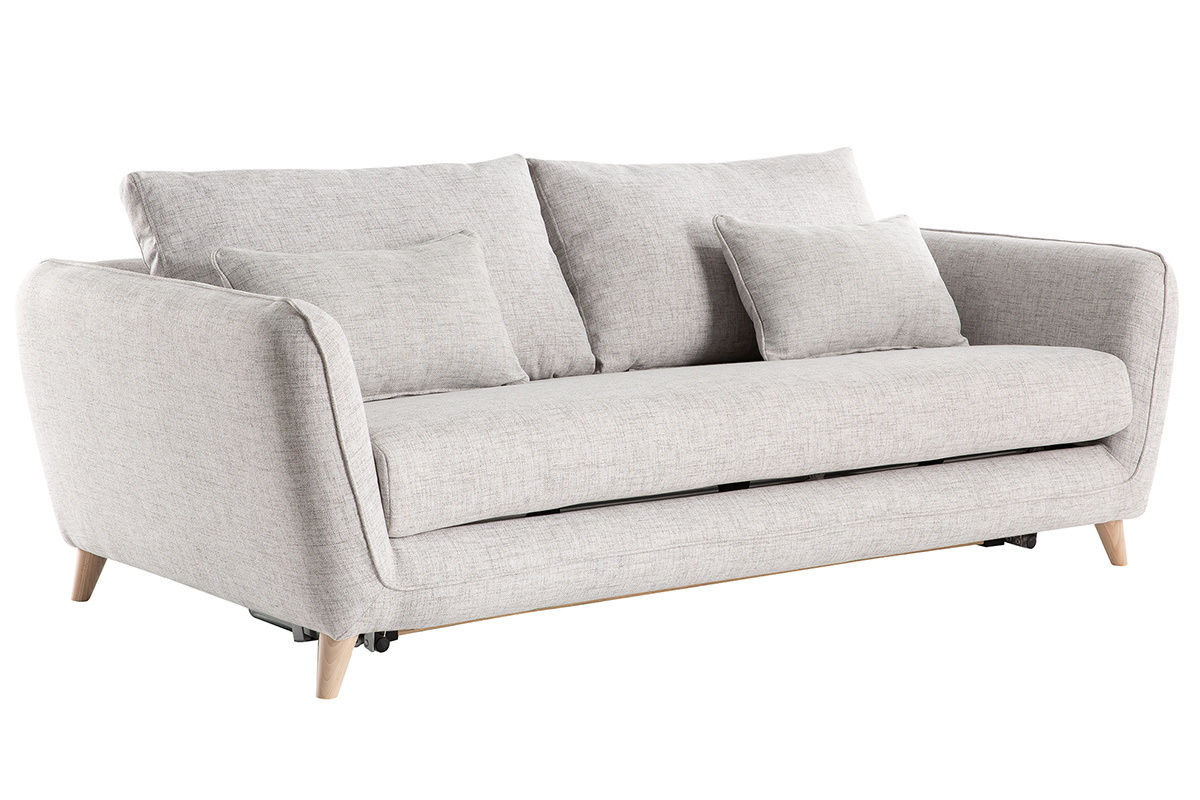 Canap� convertible scandinave 3 places en tissu gris clair chin� et bois clair avec matelas 10 cm CREEP