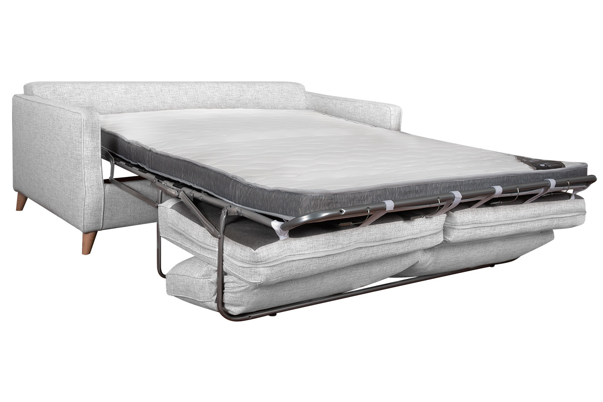 Canap� convertible scandinave 3 places en tissu gris clair et bois clair avec matelas 10 cm PAPEL