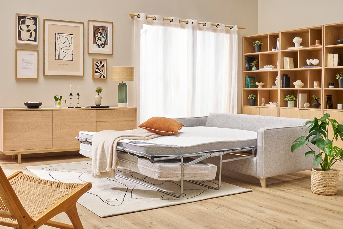 Canap� convertible scandinave 3 places en tissu gris clair et bois clair avec matelas 10 cm PAPEL