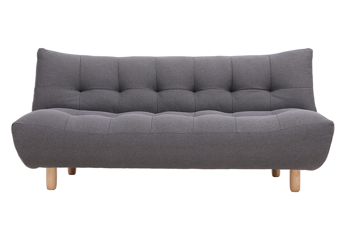 Canap� convertible 3 places gris fonc�, pieds en bois clair, vue de face.