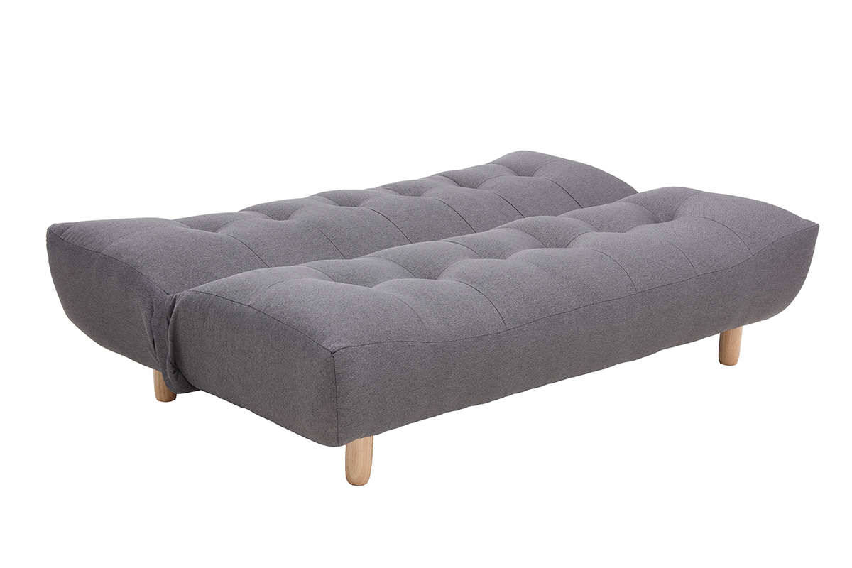 Canap� convertible YUMI gris fonc� avec pieds en bois, d�pli�.
