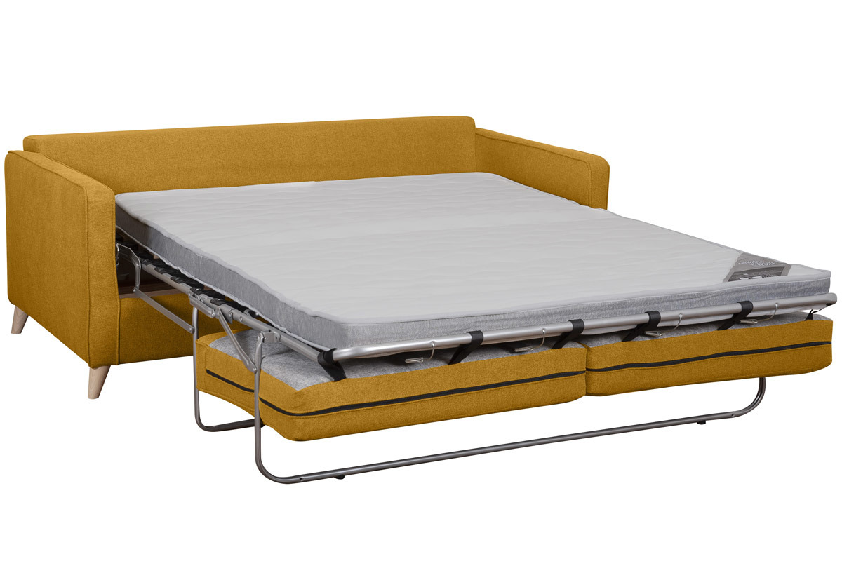 Canap� convertible scandinave 3 places en tissu jaune cumin et bois clair avec matelas 10 cm PAPEL