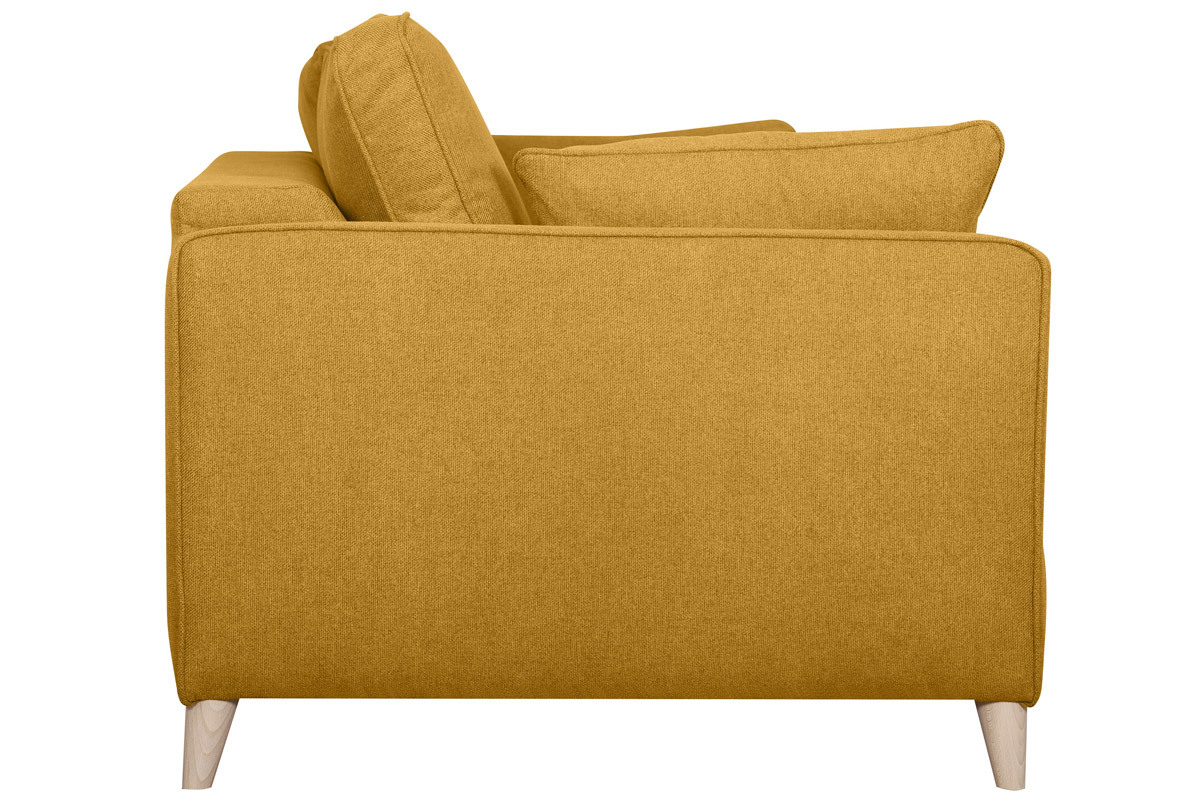 Canap� convertible scandinave 3 places en tissu jaune cumin et bois clair avec matelas 10 cm PAPEL
