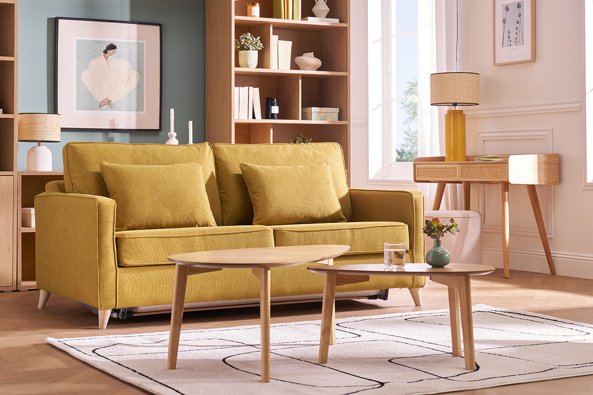 Canap� convertible scandinave 3 places en tissu jaune cumin et bois clair avec matelas 10 cm PAPEL