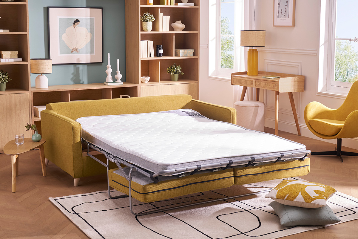 Canap� convertible scandinave 3 places en tissu jaune cumin et bois clair avec matelas 10 cm PAPEL