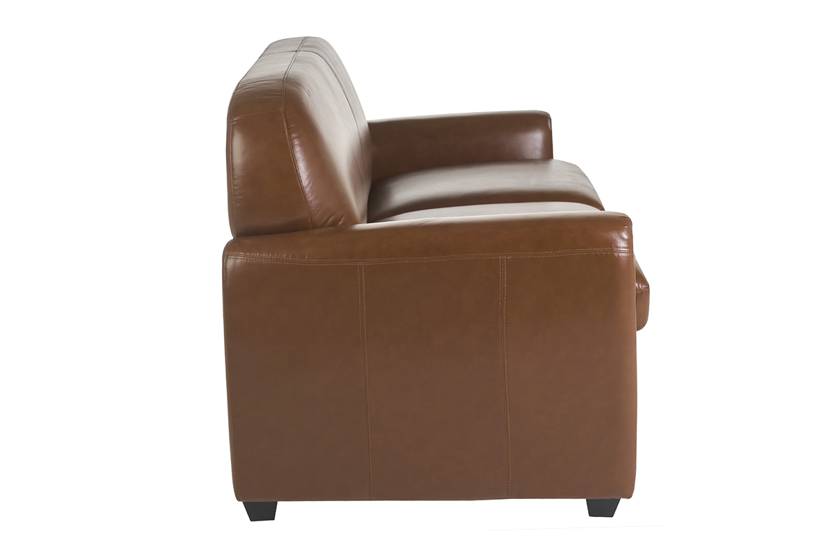 Canap� convertible vintage 3 places en cuir marron, vue de c�t� avec accoudoirs.