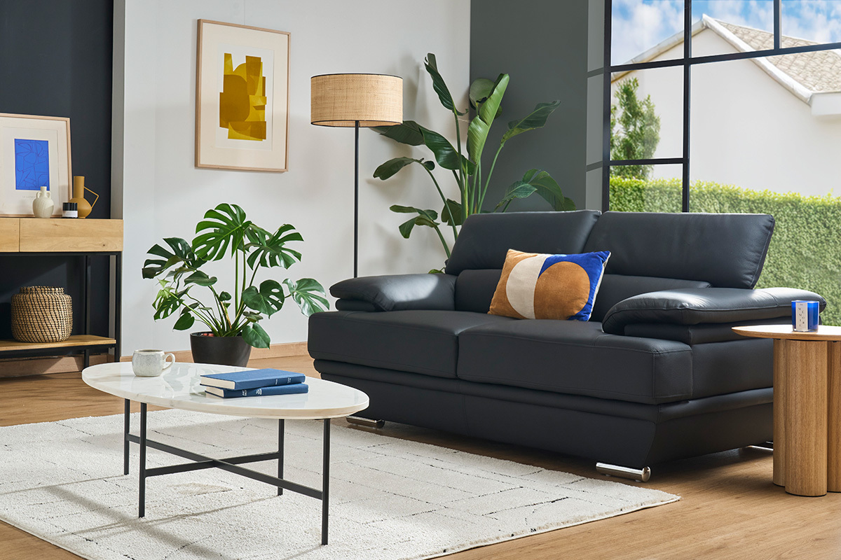 Canap� cuir noir et acier chrom� avec t�ti�res ajustables 2 places EWING