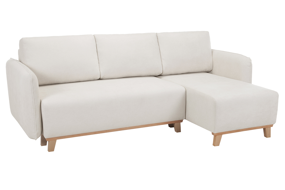 Canap� d'angle convertible et r�versible 3-4 places en tissu effet velours beige et bois clair ROMANE