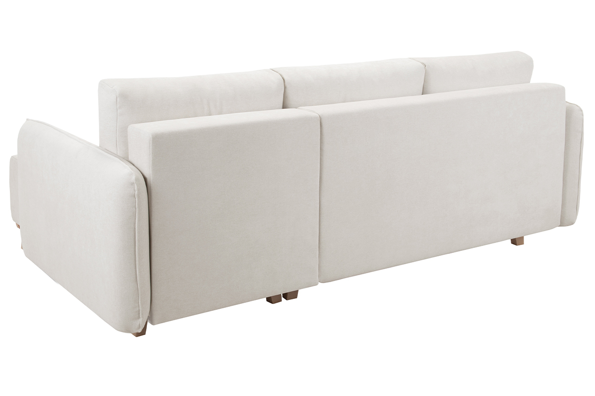 Canap� d'angle convertible et r�versible 3-4 places en tissu effet velours beige et bois clair ROMANE