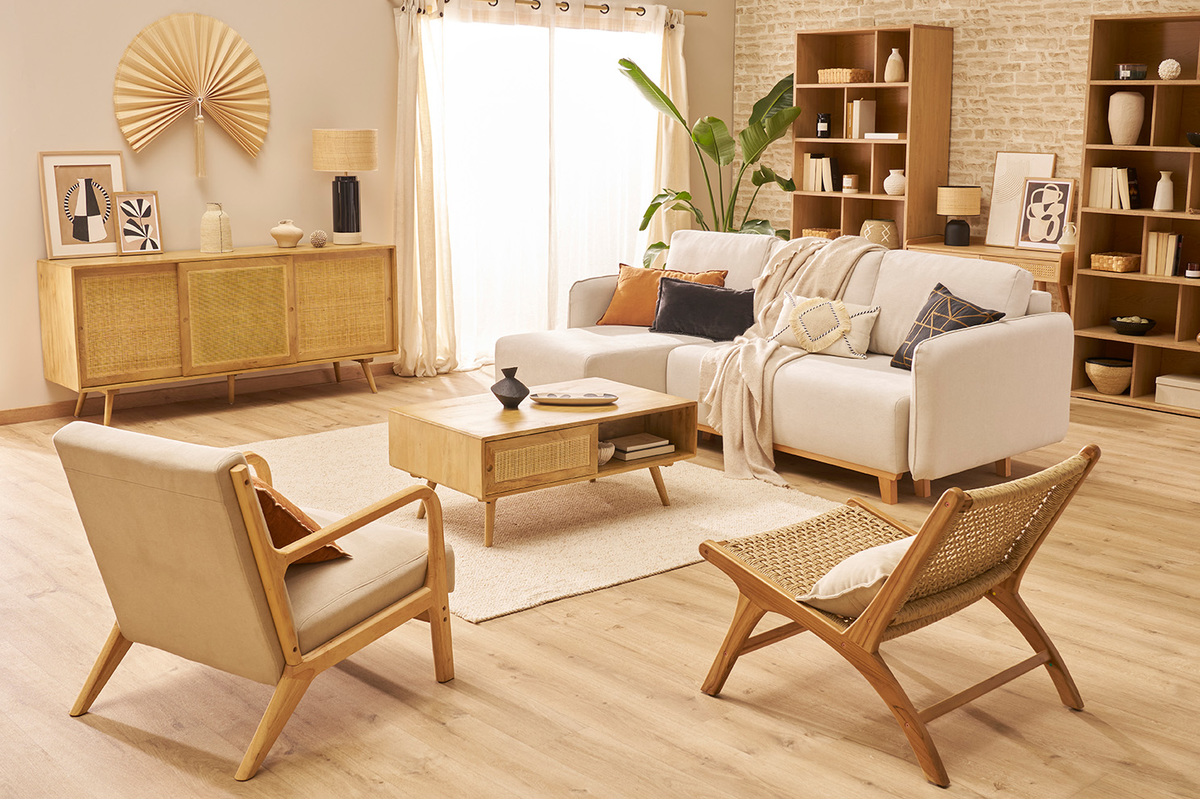 Canap� d'angle convertible et r�versible 3-4 places en tissu effet velours beige et bois clair ROMANE