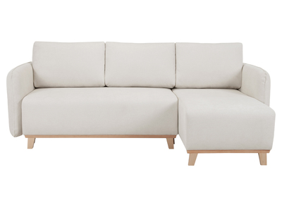 Canap&eacute; d'angle convertible et r&eacute;versible 3-4 places en tissu effet velours beige et bois clair ROMANE