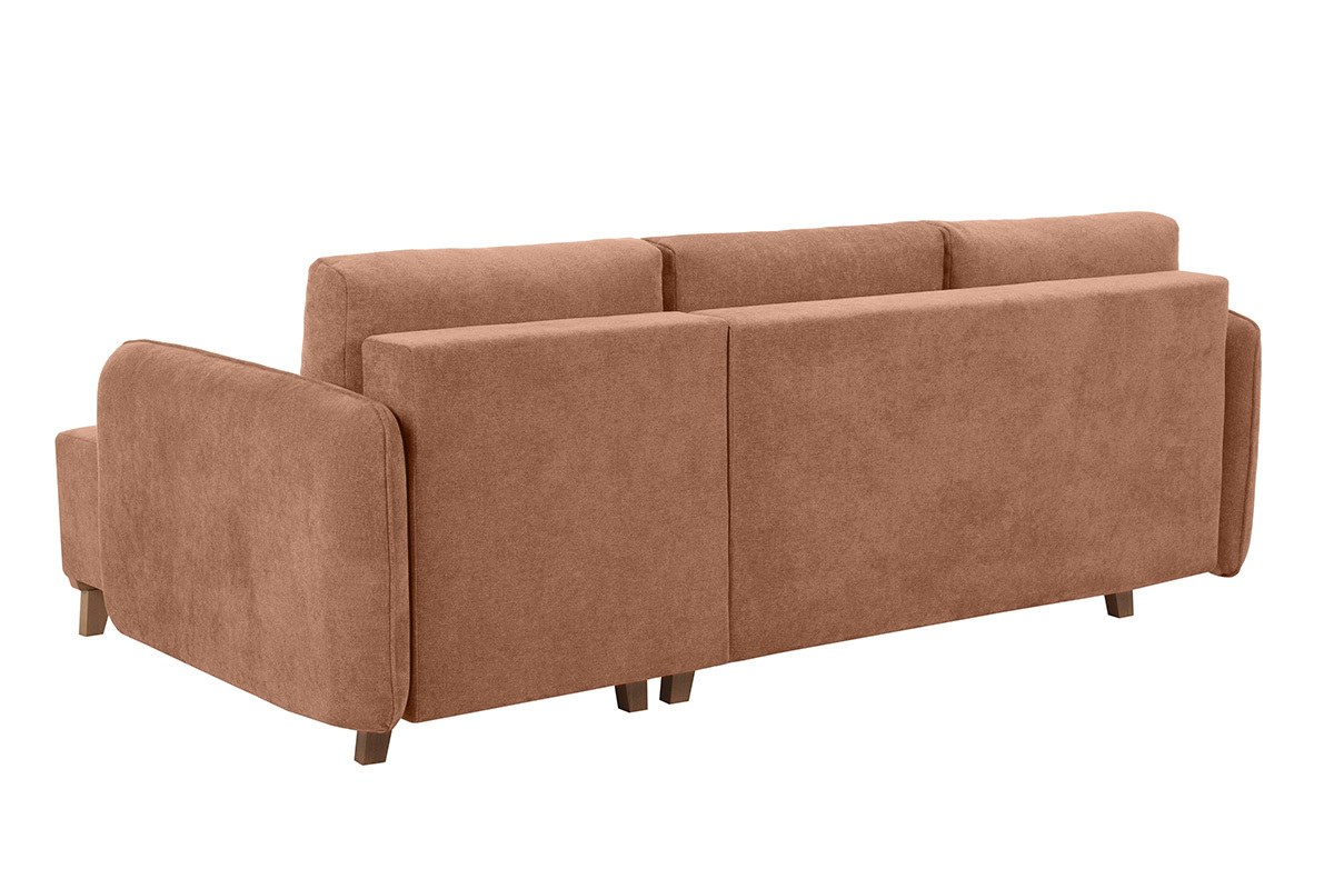 Canap� d'angle convertible et r�versible 3-4 places en tissu effet velours terre br�l�e et bois clair ROMANE