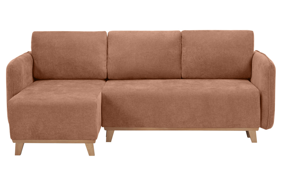 Canap� d'angle convertible et r�versible 3-4 places en tissu effet velours terre br�l�e et bois clair ROMANE
